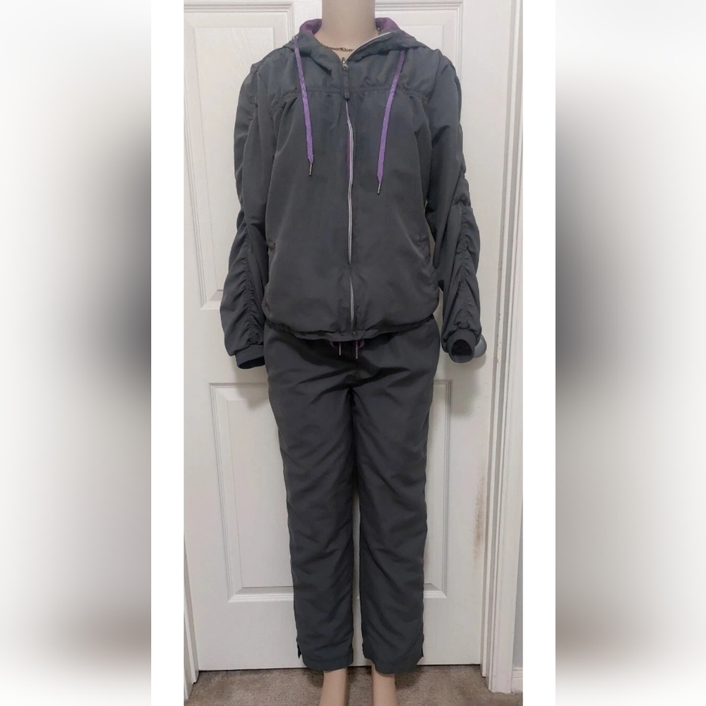 Mountain Lake Petite Sport Hooded Track Suit Set Gray Purple Workout Core